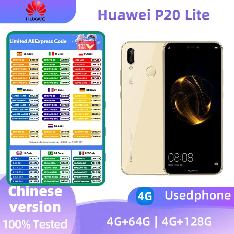 Huawei P20Lite 4G SmartPhone CPU HiSilicon Kirin 659 3000mAh Battery 4GB+128GB 16MP Camera Original Used Phone