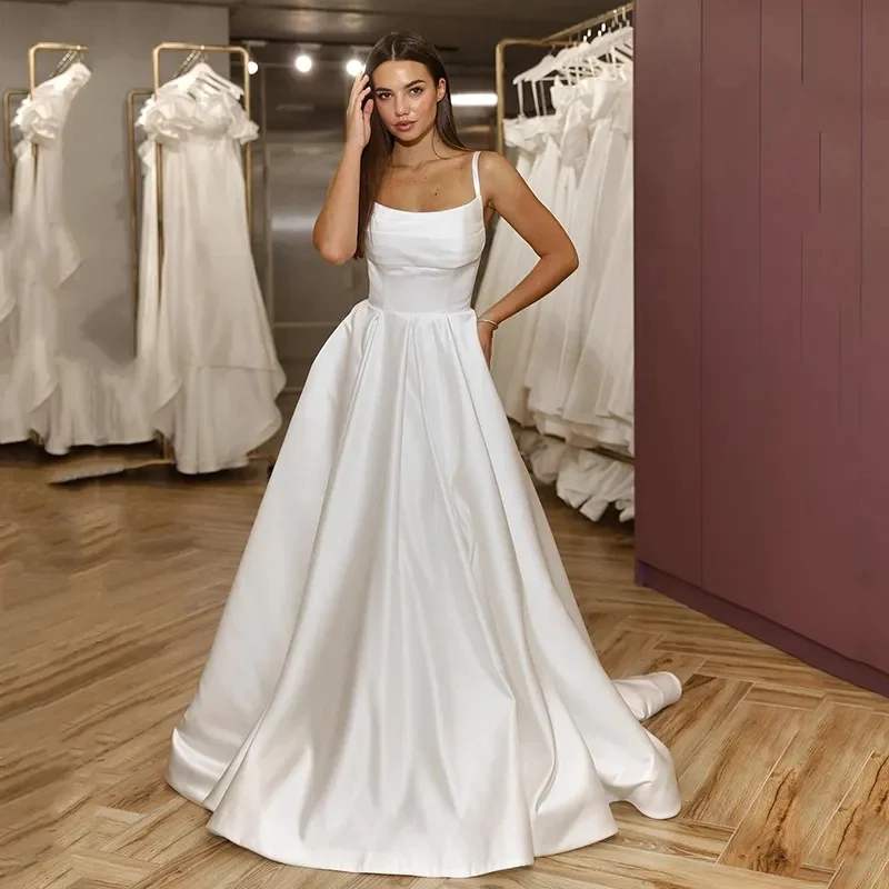 Elegant White A-Line Wedding Dresses 2024 Spaghetti Straps Satin Bridal Dress Boho Beach Customize To Measures Robe De Maries