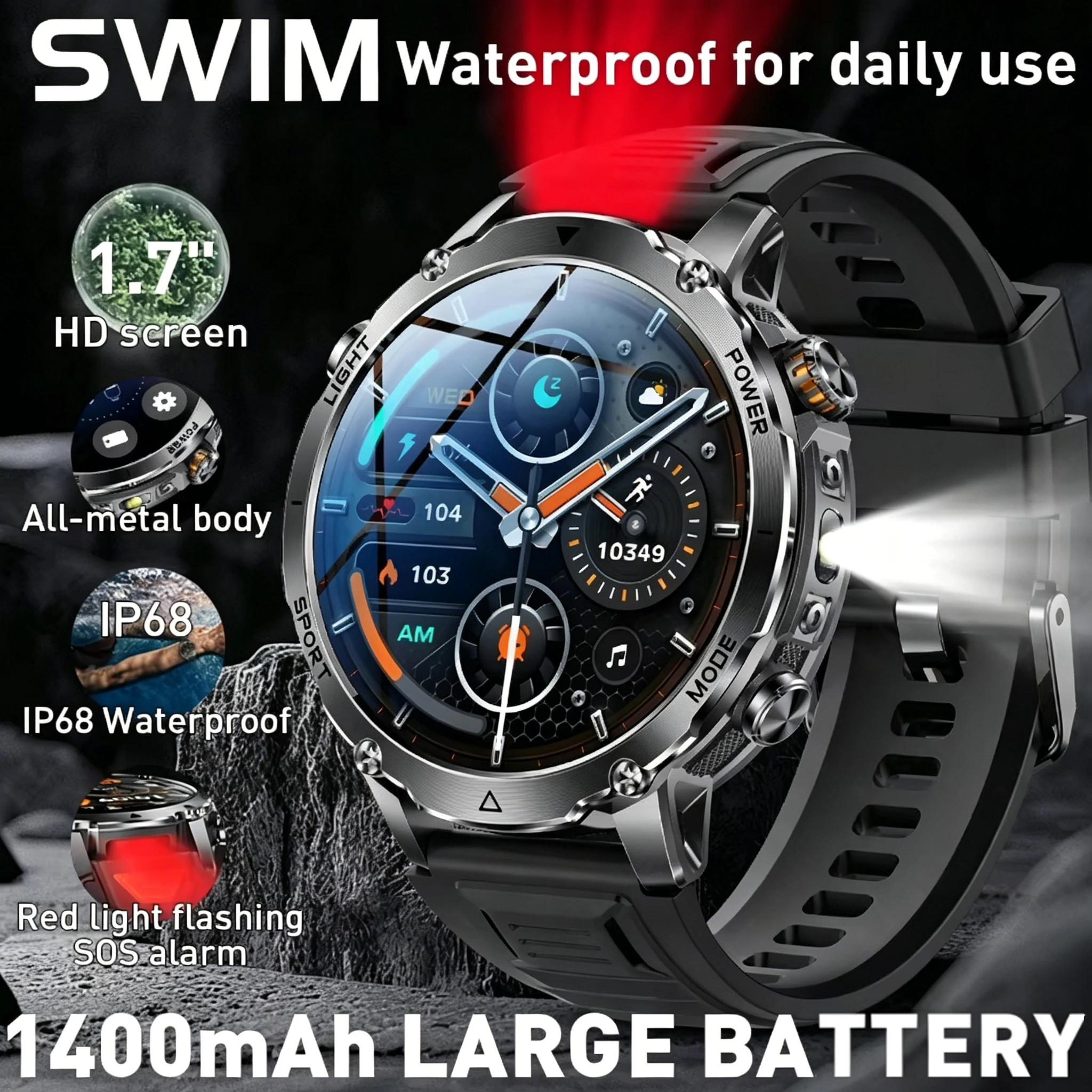 Reloj Inteligente 2026, 1400 mAh, Pantalla de 1.7 Pulgadas, Llamadas Bluetooth, Asistente de Voz, Deportivo, Resistente al Agua IP68, para Hombre