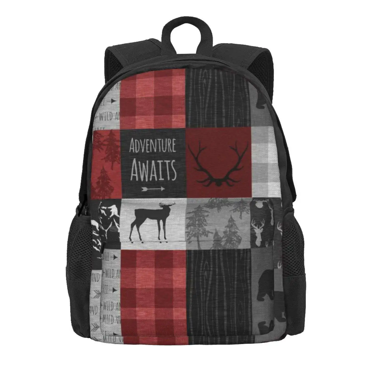 Adventure Awaits Patchwork - Red And Black Woodland Hot Sale Schoolbag Backpack Fashion Bags Moose Elk Deer Buck Rustic Red And