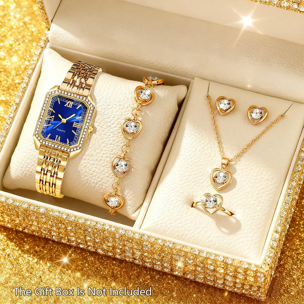 Luxury Women Square Quartz Watch Set Heart Green Crystal Necklace Earring Ring Bracelet Jewelry Gift Set