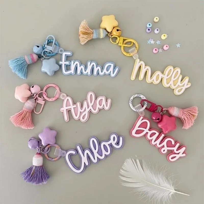 Custom Name Acrylic Keychain Tassel Bell Star Charms Personalized Colorful Letter Keyring Pendant Customized Backpack Accessory