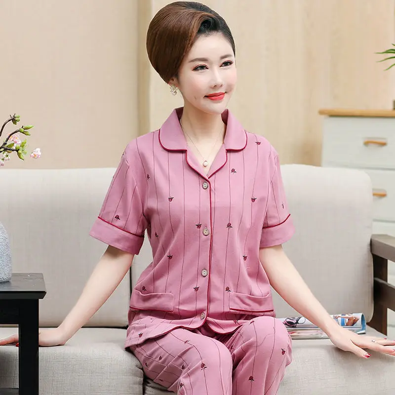 

Summer Sleeping Pajamas For Women 2 Piece Set Outfit Middle Aged Mother Sleepwear Cotton Pajamas Home Wear T-shirt Trousers Sets