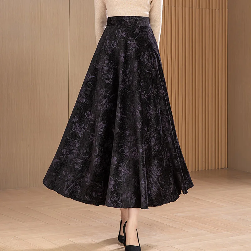 2025 Autumn Winter Warm Brown Woolen Women's A-line Skirt Retro Print Plus Size High Waist Maxi Skirts