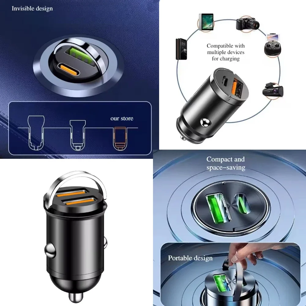 Mini Pull Ring Car Charger 100W Fast Charging Phone Convenient Charger Adapter for IPhone Huawei Xiaomi Samsung