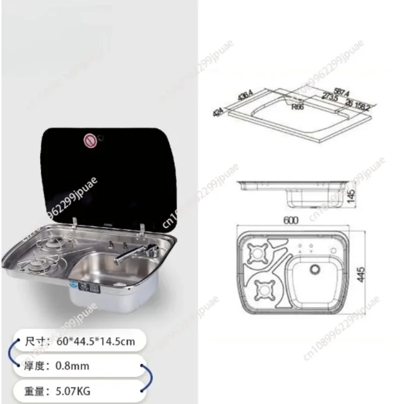 Folding Stainless Steel RV Gas Stove Separate Hand Basin with Glass Cover for Kitchen Bathroom Camper