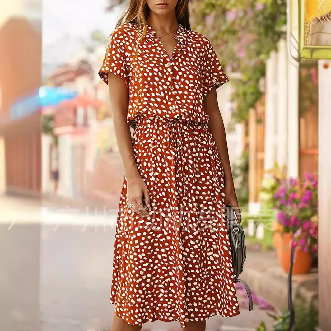 

Women's Polka Dot Print Short Sleeve Midi Dress, Sexy Belted Style Beach Dress, Summer, 2024