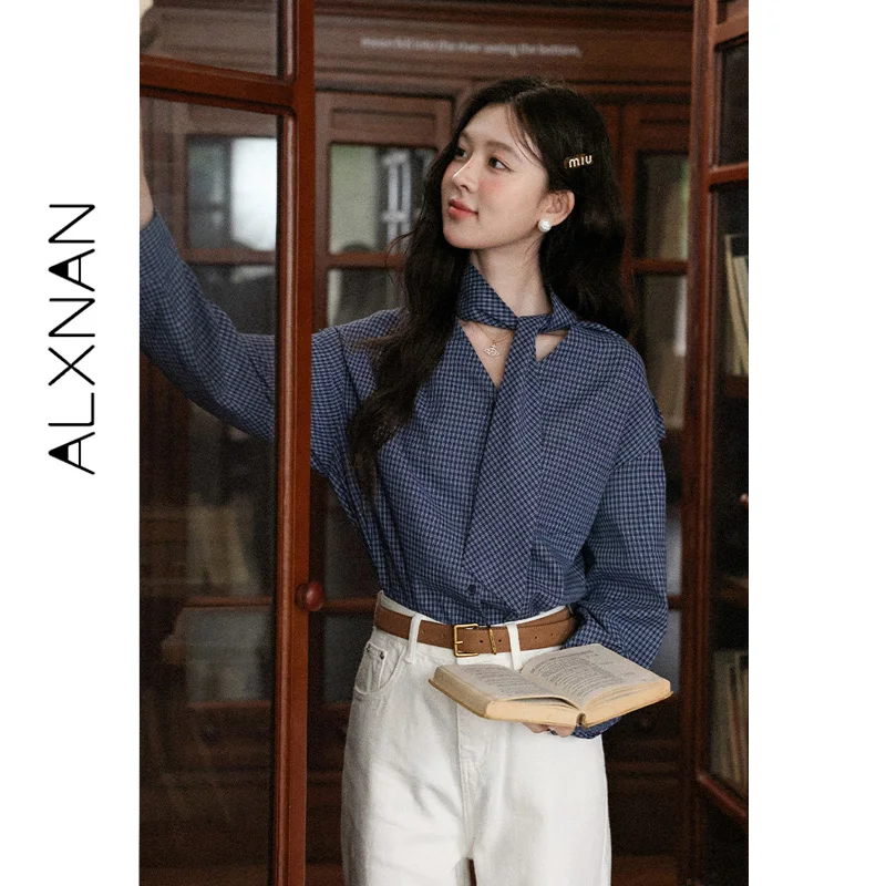 ALXNAN Autumn Women's Blue Plaid Shirt V-neck Long Sleeve Chest Pocket Open Front Shirts  Loose-fit Female Clothing VL57139