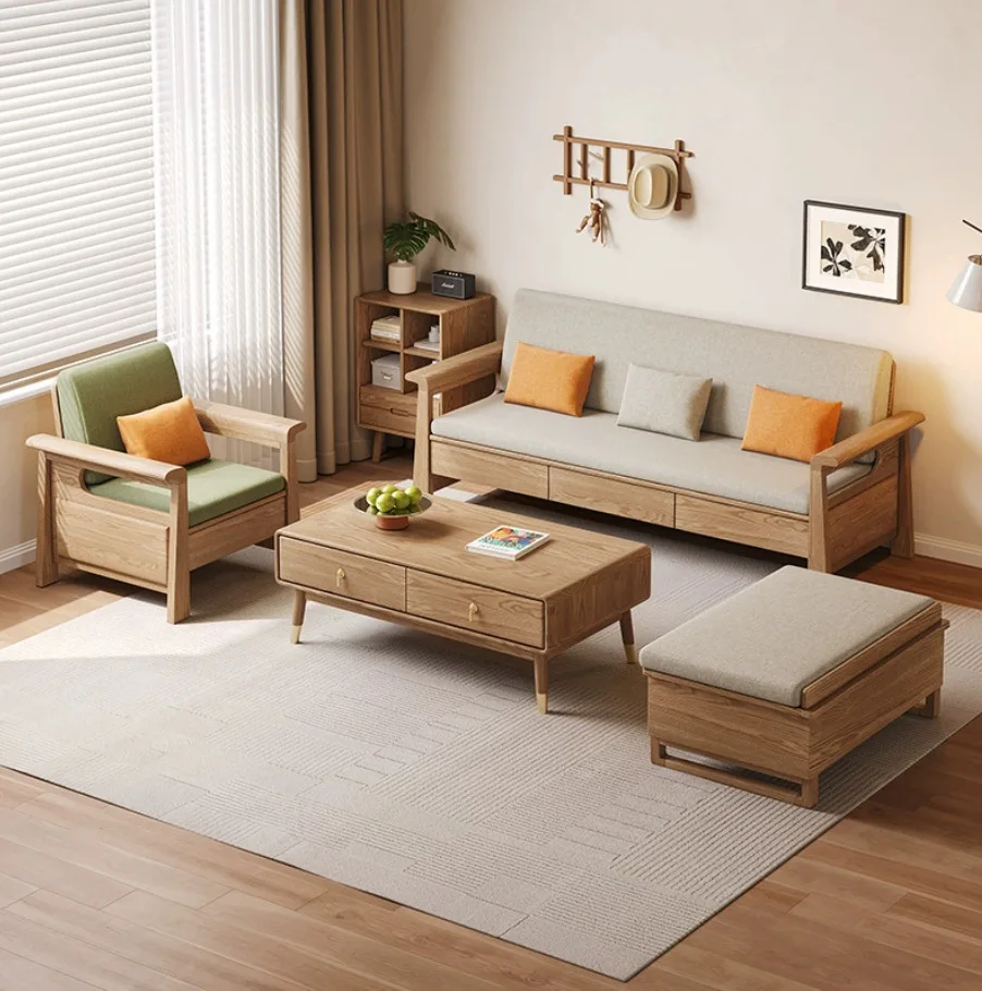 Nordic all-solid wood sofa combination winter and summer cherry wood drawer storage size apartment sofa