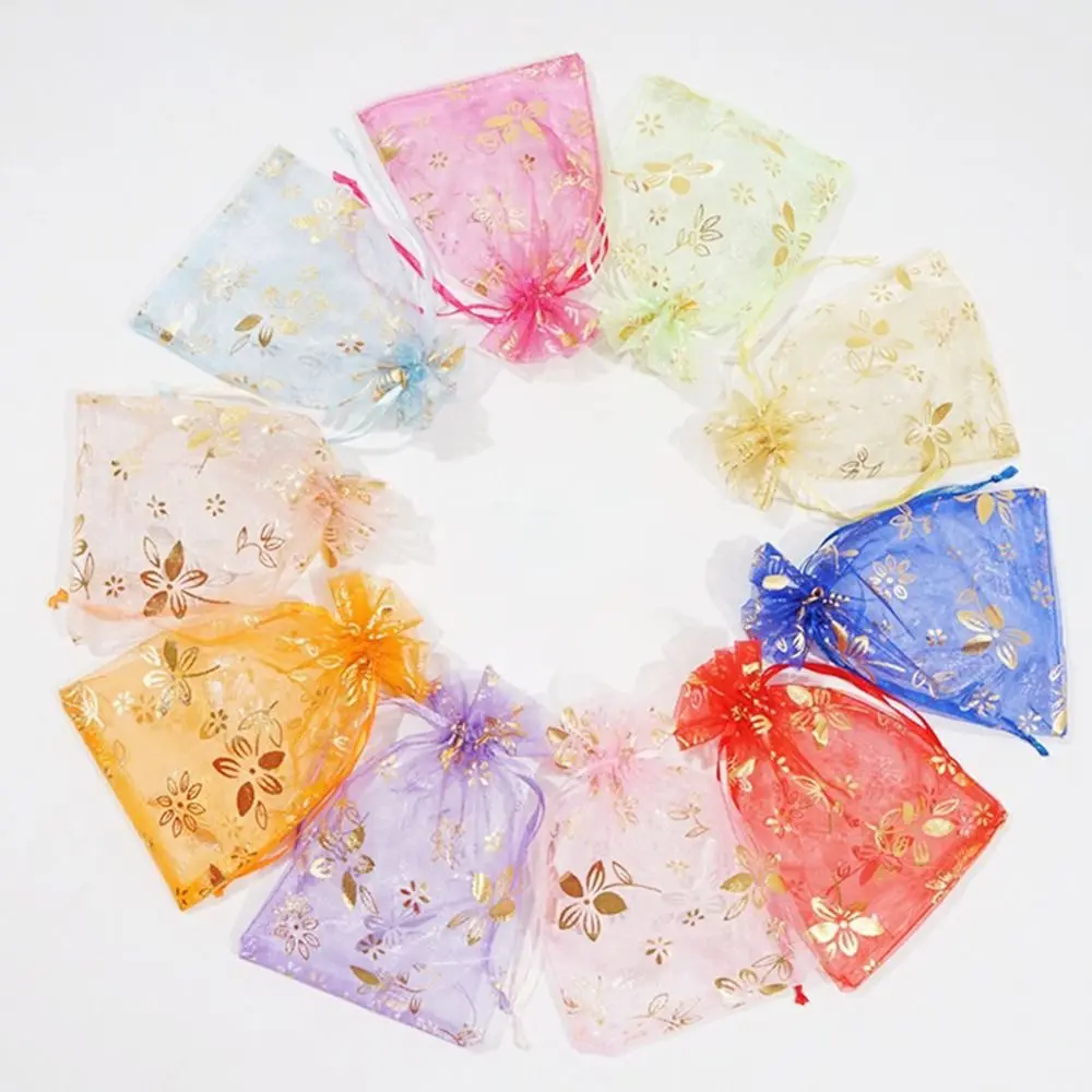 20 teile/los Blumen drucken Organza Schmuck Taschen 9x12 13x18cm transparente Geschenk verpackung Beutel Kordel zug Ohrring Verpackung Taschen