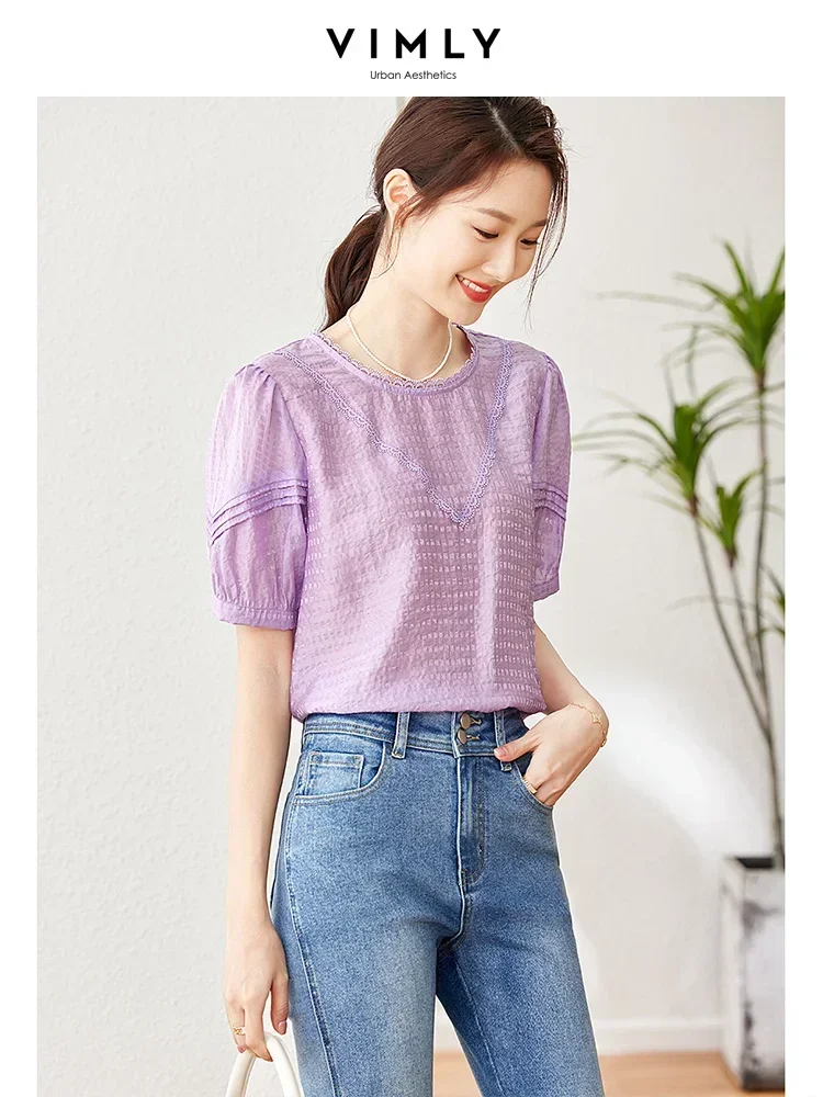 Vimly Summer Lyocell Blend Ladies Tops and Blouses 2023 Elegant Patch Lace Round Neck Puff Sleeve Purple Blouse Women Clothes