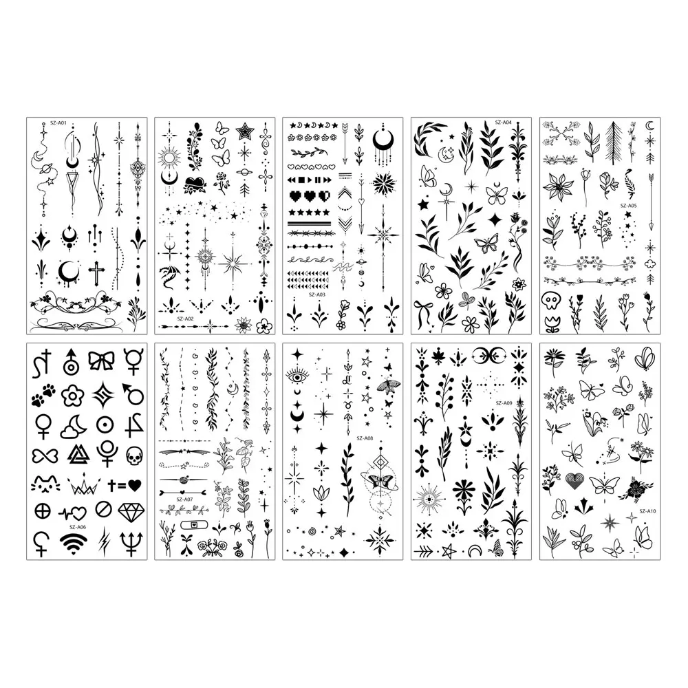 10 قطعة ملصقات وشم الإصبع مقاوم للماء زهرة ورقة القمر نمط الوشم المؤقت أسود صغير الحناء وهمية الوشم لليد