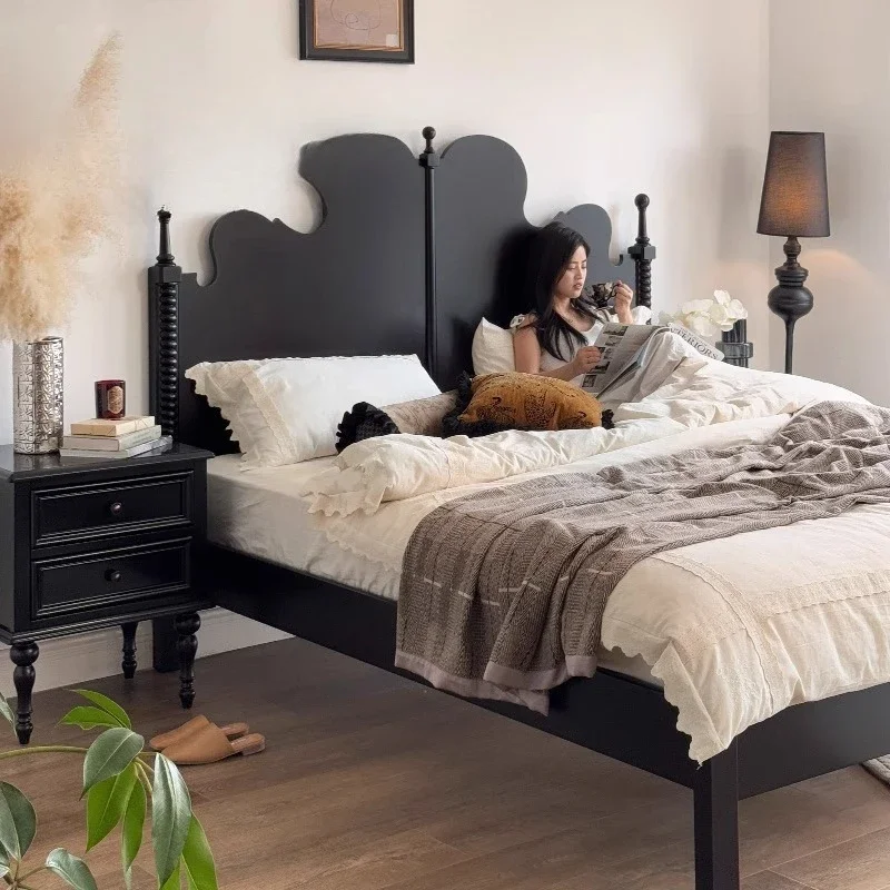 

Французская ретро-кровать из массива дерева, кровать с коронным изголовьем из вишневого дерева, черная.