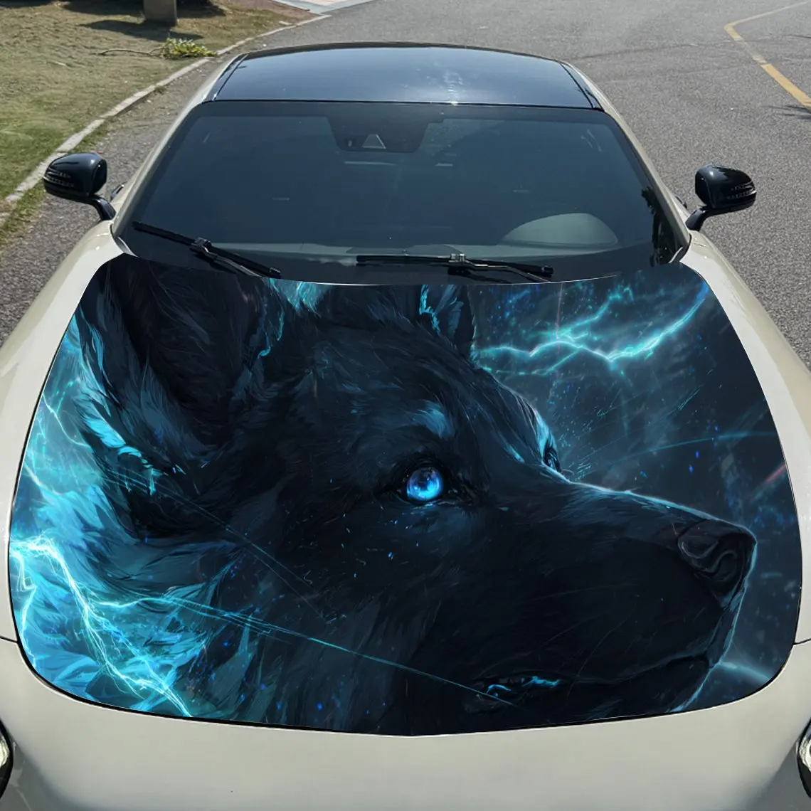 

Wolf Blue Flame Car Hood Sticker PVC Self Waterproof Stick, Striking Auto Exterior Accessories Decor Protect Gift for Car Lover