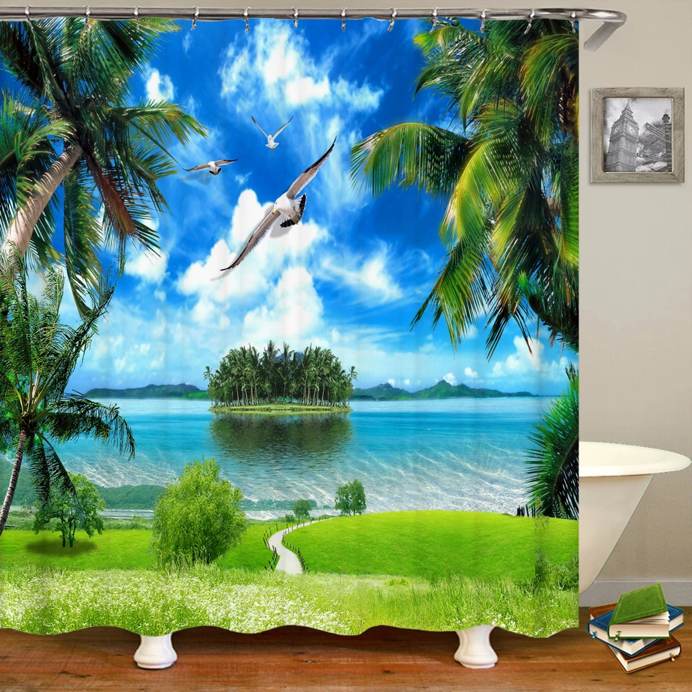 Sea Beach Scenery Printed Shower Curtain Waterproof 3D Coastal Sunny Landscape Bathroom Curtain with 12 Hooks Home Decoration