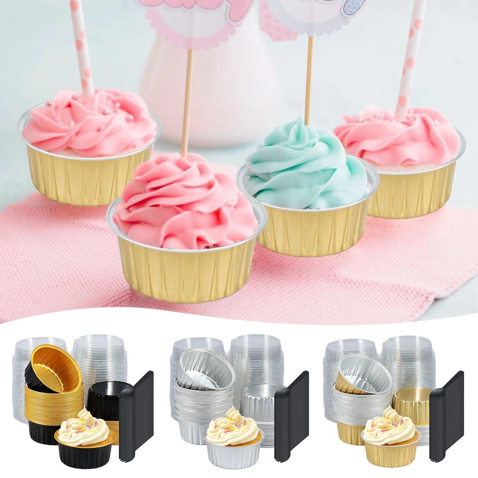 50Pcs 5oz Mini Baking Cups Aluminium Foil Cake Pans with Lids Spoons Heat Resistant Cupcake Muffin Liners for Gatherings Parties