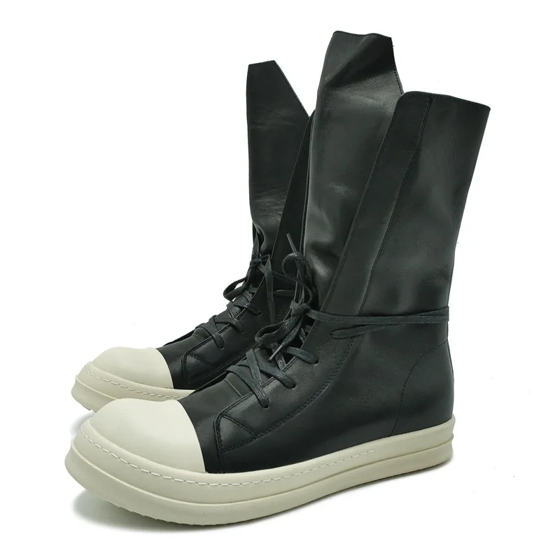 Fashion Show Trendy Hip-hop Men's Lace-up Mid-calf Cool Boots Genuine Leather Male Modern Shoes Big SIZE 11 12 13