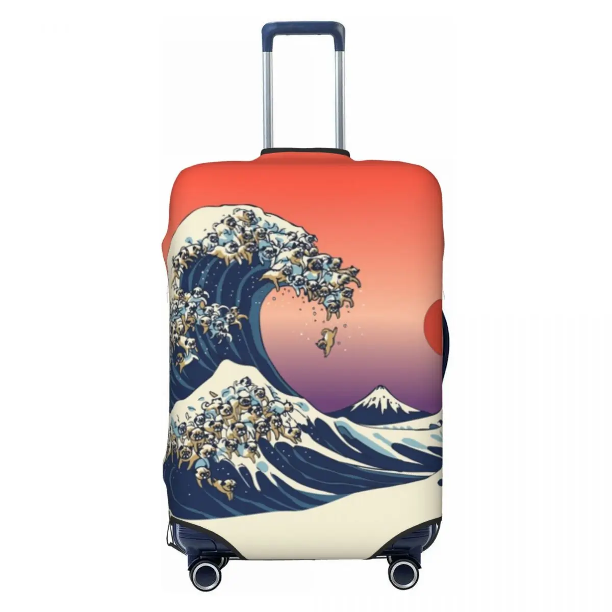 

Custom Funny The Great Wave Of Pug Luggage Cover Protector Elastic Travel Suitcase Covers