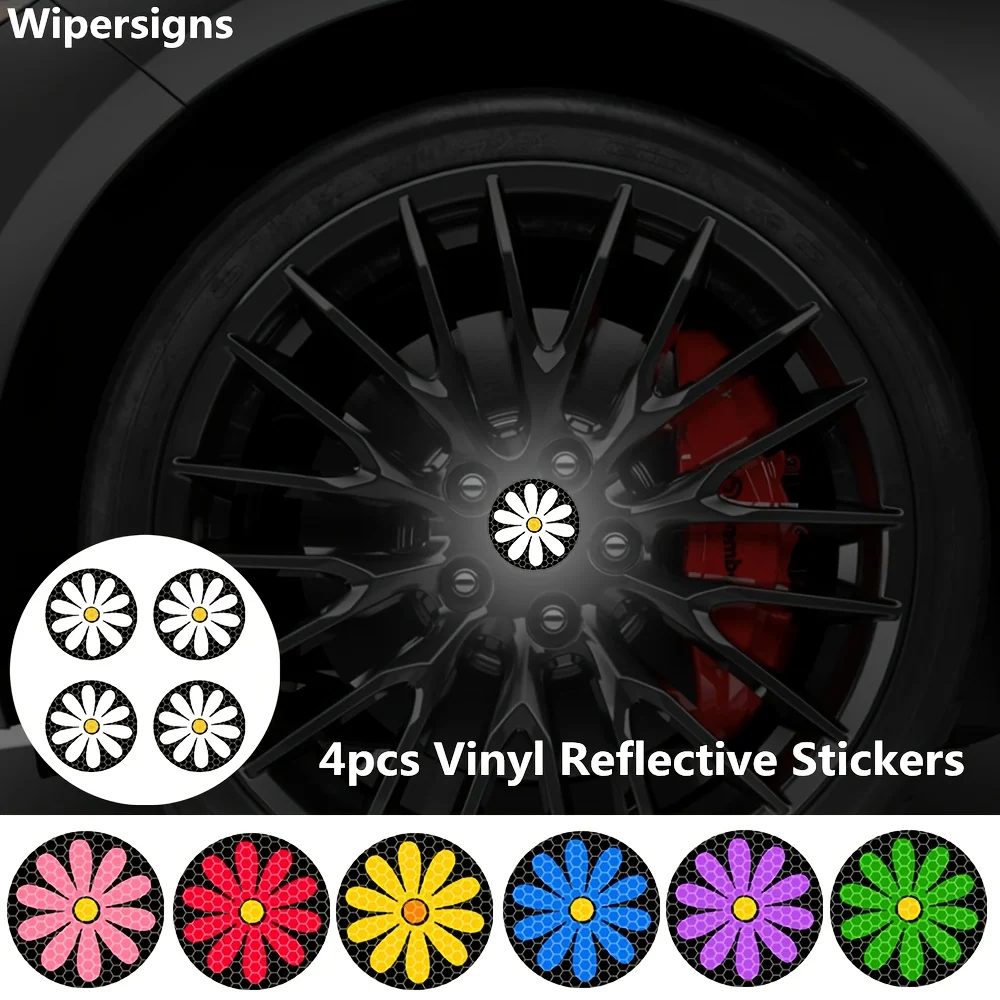 4Pcs Cute Daisy Wheel Reflective Stickers, Car Hub Decor Night Safety Warning Self-Adhesive Vinyl Decals