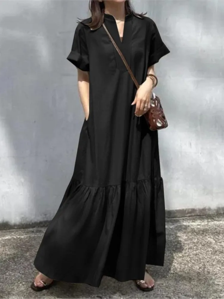 

Summer Fashion New Women's Elegant Casual Dress Fresh And Simple Solid Color Short-sleeved V-neck Loose Commuting Long Skirts