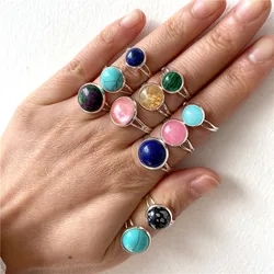 2024 New Natural Cabochon Stone Bead Ring 8/10/12MM Agates Howlite Carnelian Gem Stone Ring Adjustable Silver Color Fingerring