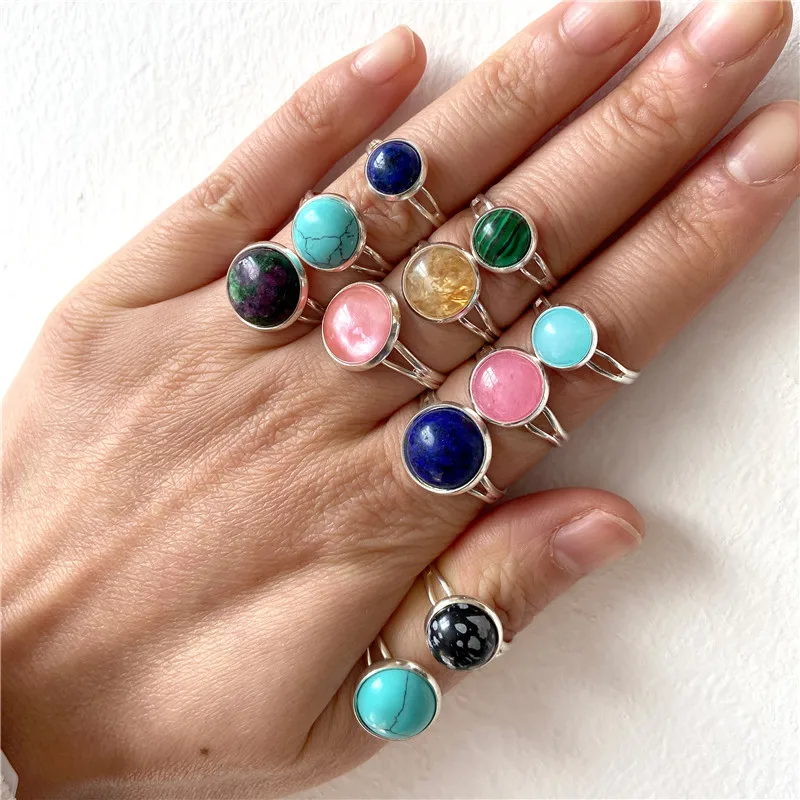 2024 New Natural Cabochon Stone Bead Ring 8/10/12MM  Agates Howlite Carnelian Gem Stone Ring Adjustable Silver Color Fingerring