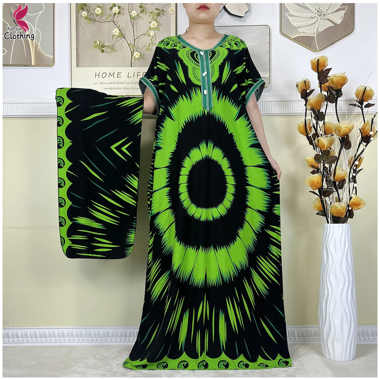 

New Dubai Muslim Cotton Dress Women Short Sleeve Dashiki Loose Maxi Robe Fashion Printing Floral Femme African Abaya Clothing