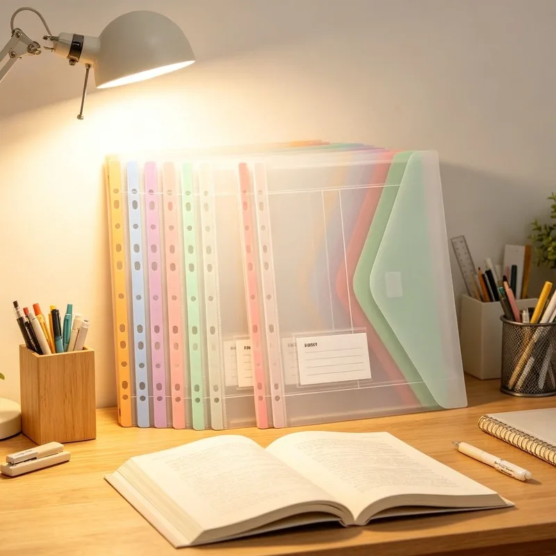 11-Hole A4 Binder Pockets Macaron Color Transparent Binder Pocket Organizer Folders Document Pouch Bag with Label School Office