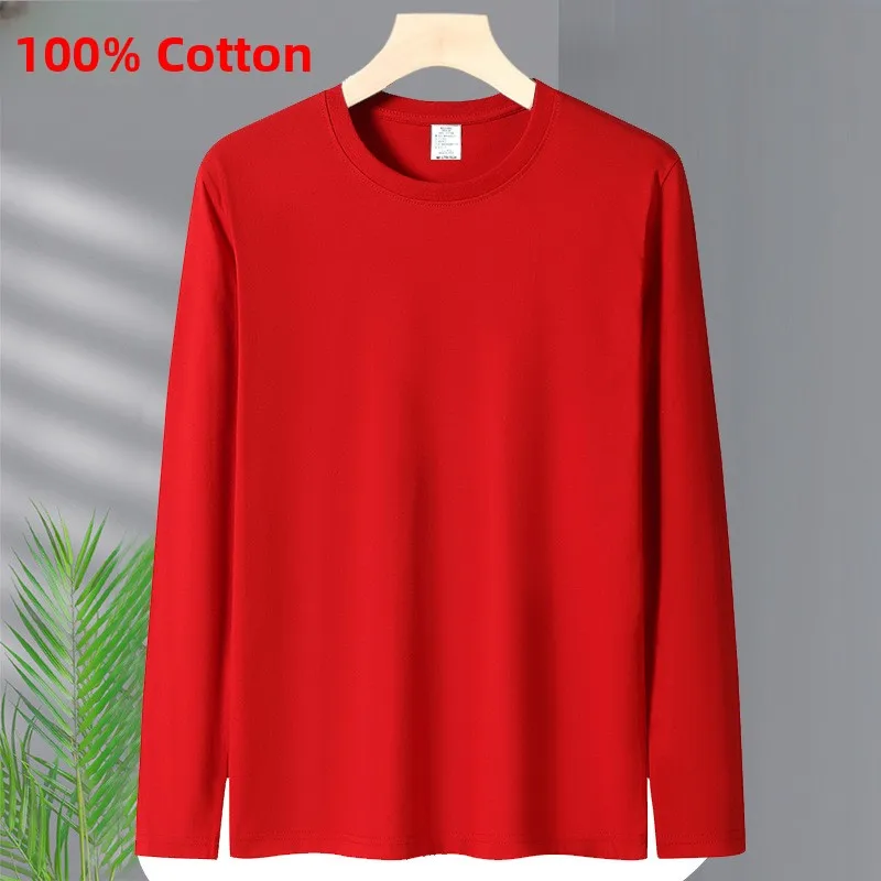 Red Long Sleeve Cotton T-Shirt Loose Fit Dragon Year Chinese Trendy Style Men's Casual Wear Breathable Comfortable round Neck