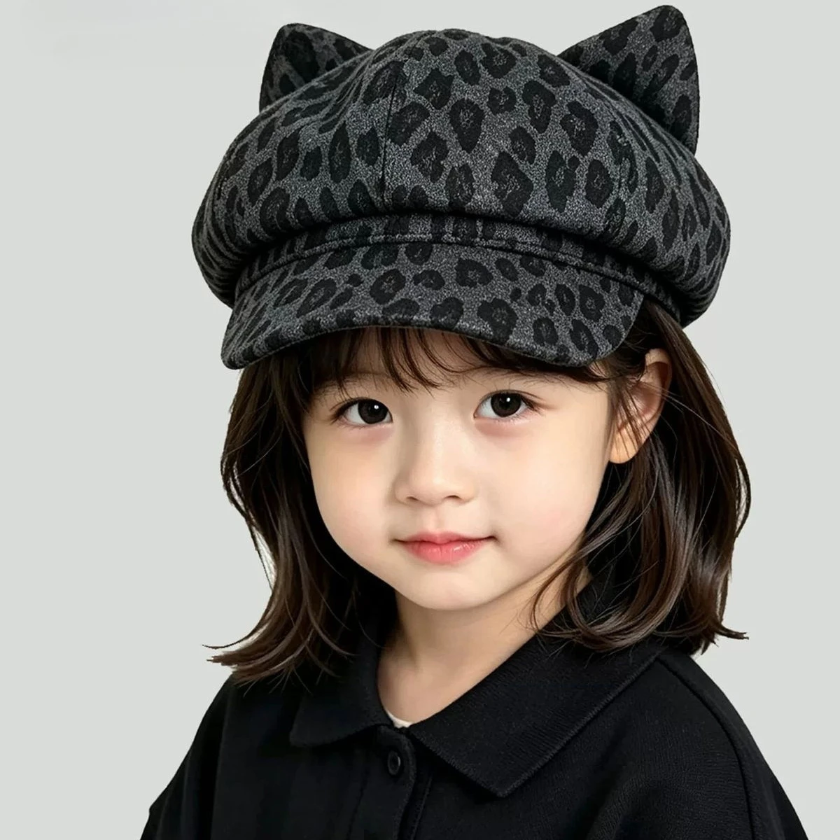 Kinder Retro Leopardenmuster Baskenmütze Niedliche Ohren Achteckiger Kürbis-Hut Stilvolle Ganzjahres-Malermütze für Jungen und Mädchen für den Alltag – Detail 5