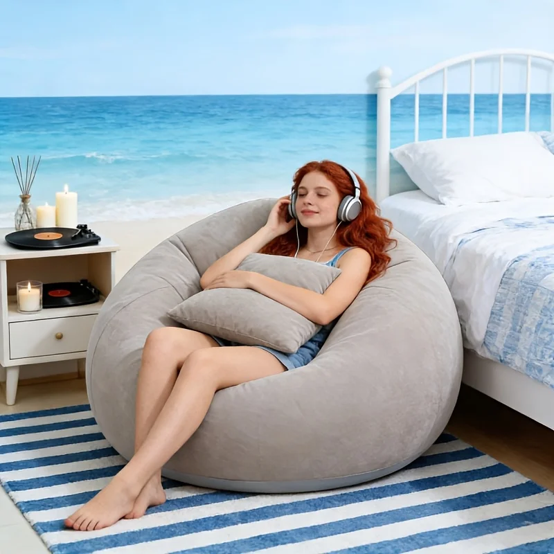 1 Pc Extra-Large Inflatable Fleece-Lined Lounge Chair, Gray PVC, Portable and Foldable, Ergonomically Designed,