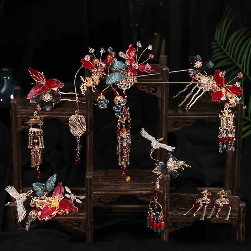 

New Chinese Style Crystal Hairpin Earring Set For Women Bride Party Hanfu Wedding Bridal Hair Accessories Jewelry Pin Band
