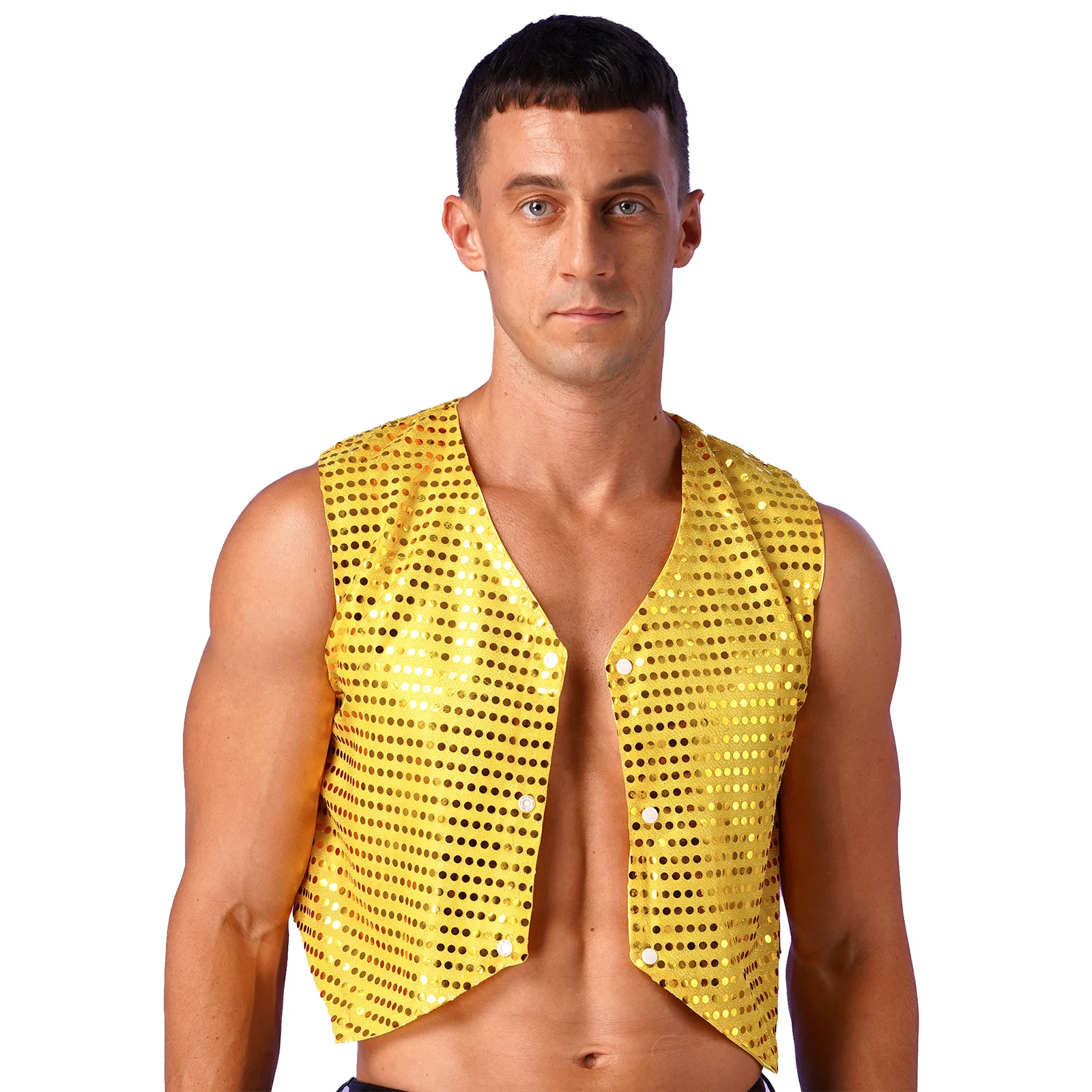 Mens Glittery Sequined Vests V Neck Sleeveless Waistcoat for Birthday Party Rave Festival Evening Jazz Dance Performance Costume