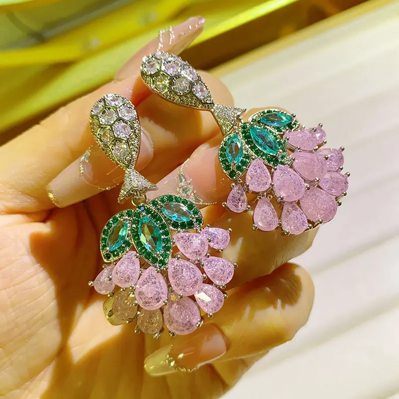 Flower Plant Earrings Pink Green Zirconia Sweet Luxury Jewelry Women Dangling Earrings
