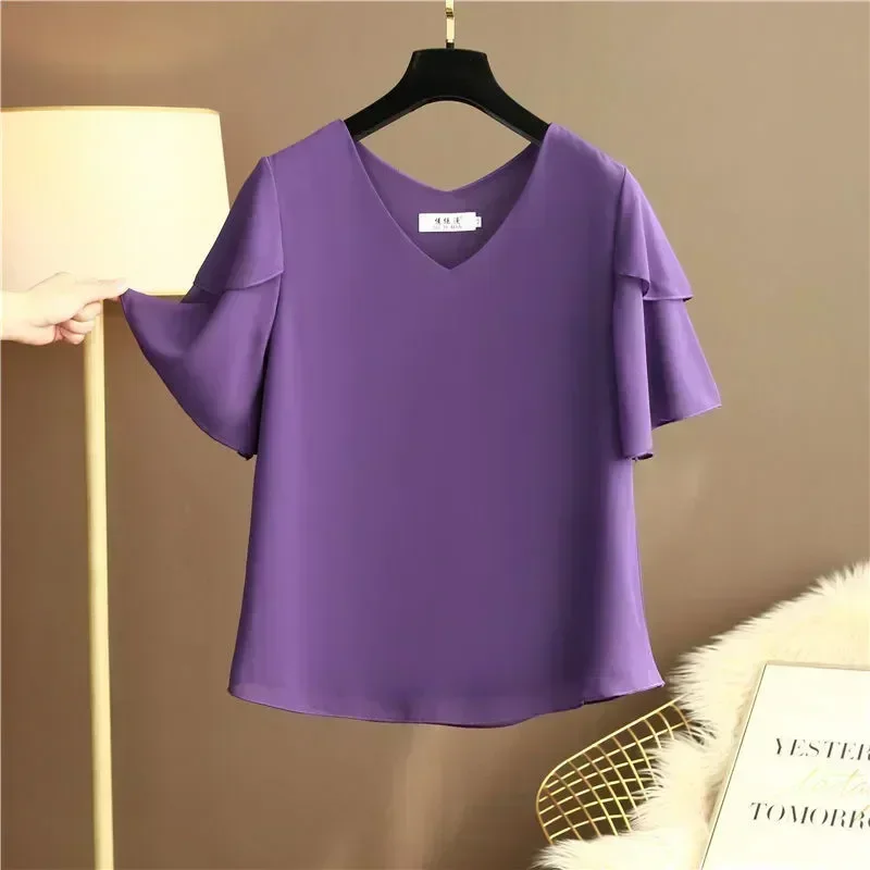 Nowa marka modowa damska bluzka letnia Plus Size rozkloszowany rękaw luźna z szyfonu koszula z krótkim rękawem w serek casualowe topy damskie