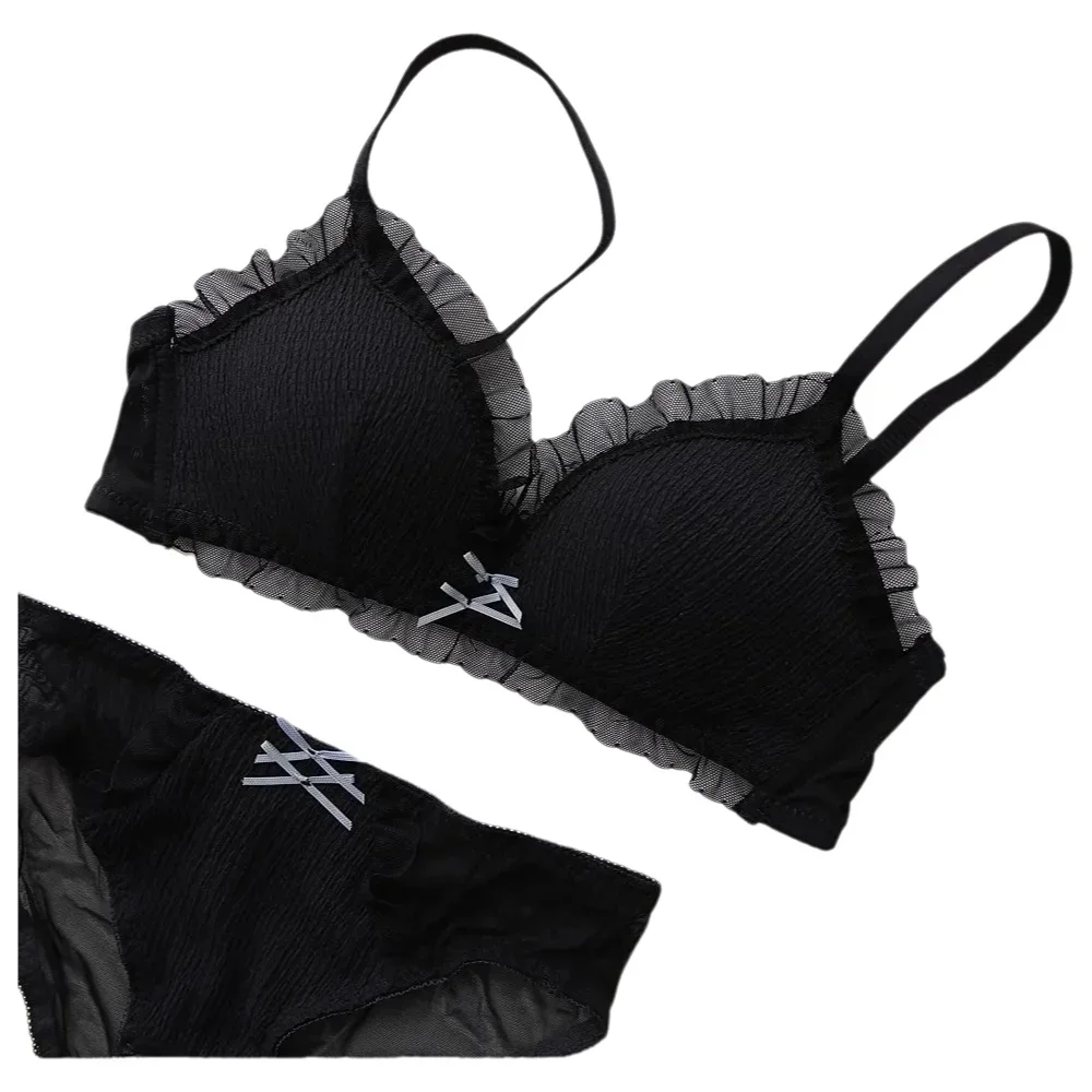 French Lace Triangle Cup Girls Underwear Thin Section Mesh Texture Sense of Small Breasts Gathered Without Steel Ring Bra Set