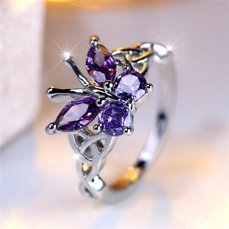 Elegant Female Purple Butterfly Zircon Stone Engagement Ring Silver Color Summer Wedding Jewelry For Women