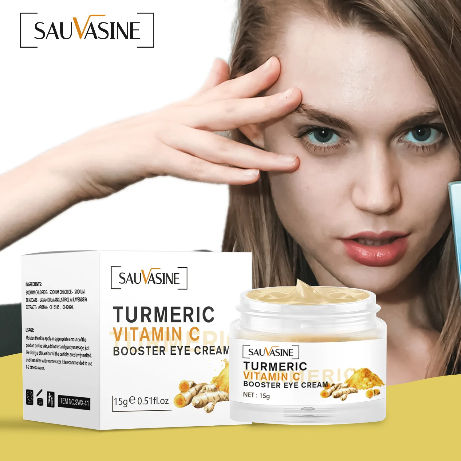 Kurkuma-Vitamin-C-Augencreme, VC, aufhellende Augencreme, feuchtigkeitsspendend und verblasst feine Linien und Augenringe