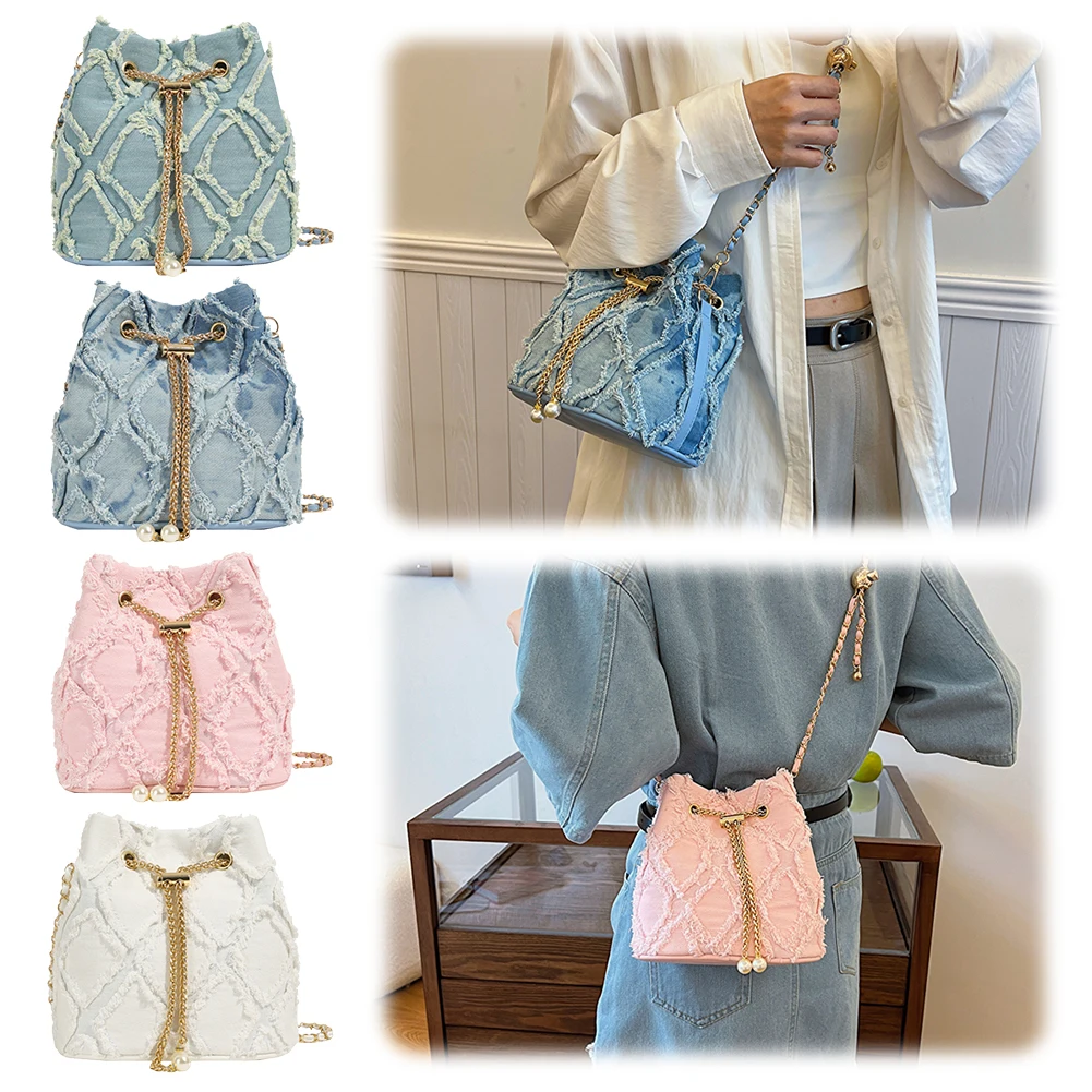 Denim Crossbody Bag Diamond Pattern Women Shoulder Bag Drawstring Jean Purse Adjustable Strap Hobo Bag Travel Bag