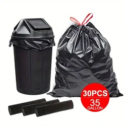 30pcs Heavy Duty Black Trash Bags,35 Gal Large Garbage Bags with Drawstrings for Large-capacity anti-scald kitchen garbage bag