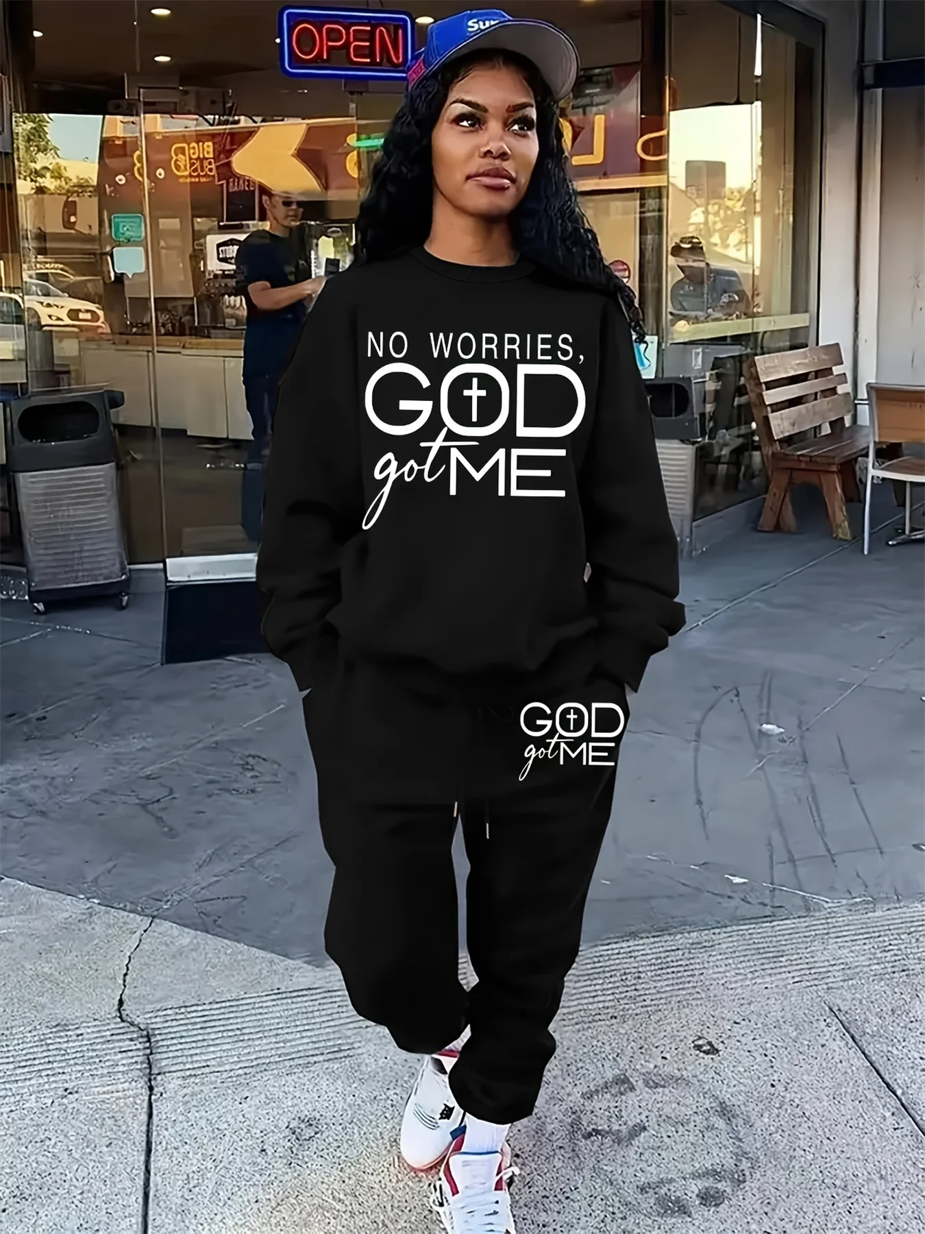 Women's autumn and winter hip-hop casual street fashion letter pattern printed round neck sports shirt+sports pants warm set