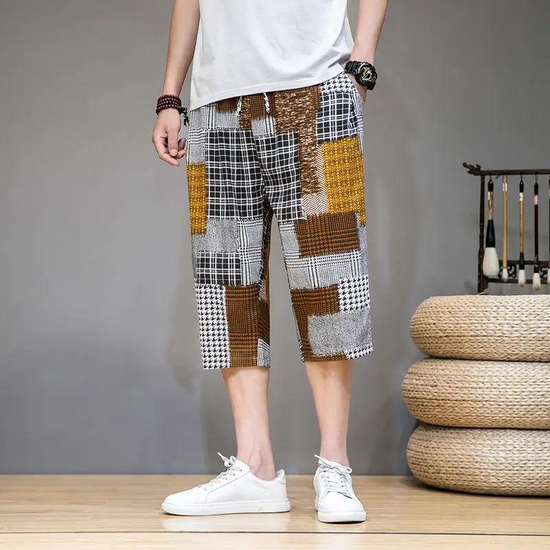 2024 New Trendy Chinese Style Summer Thin Ice Silk Men\'s Printed Elastic Waist Capris Casual Versatile Beggar Patch Haren Shorts