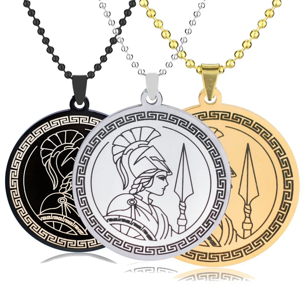 Ancient Greek Goddess of War Athena Necklace Men Women Round Brand Stainless Steel Pendant Necklace Commemorative Jewelry Gift