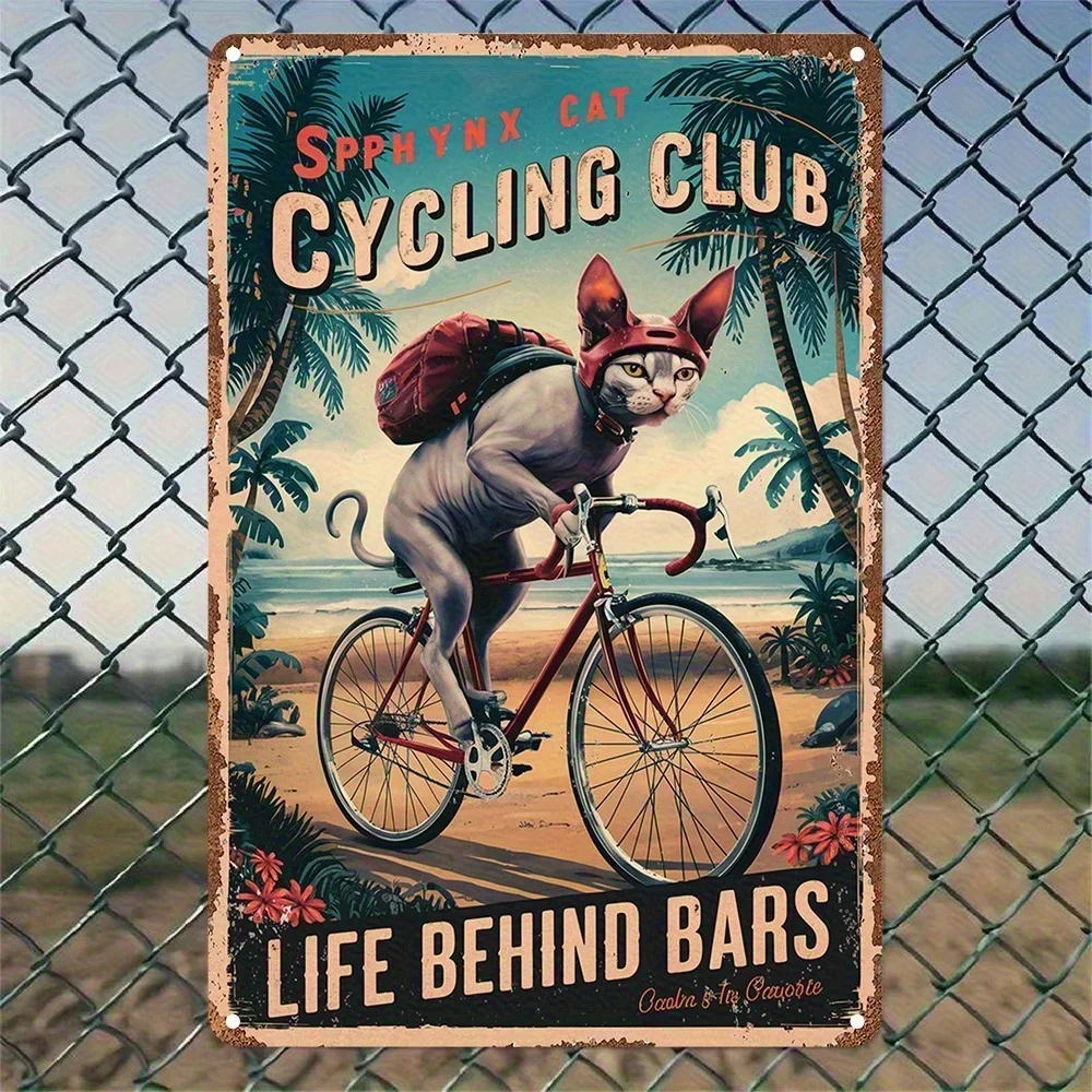 Vintage Tin Sign - Retro Bicycle Club & Funny Cat Cycling Art Decor, 12x8 Inch Metal Wall Sign for Home Bar Office