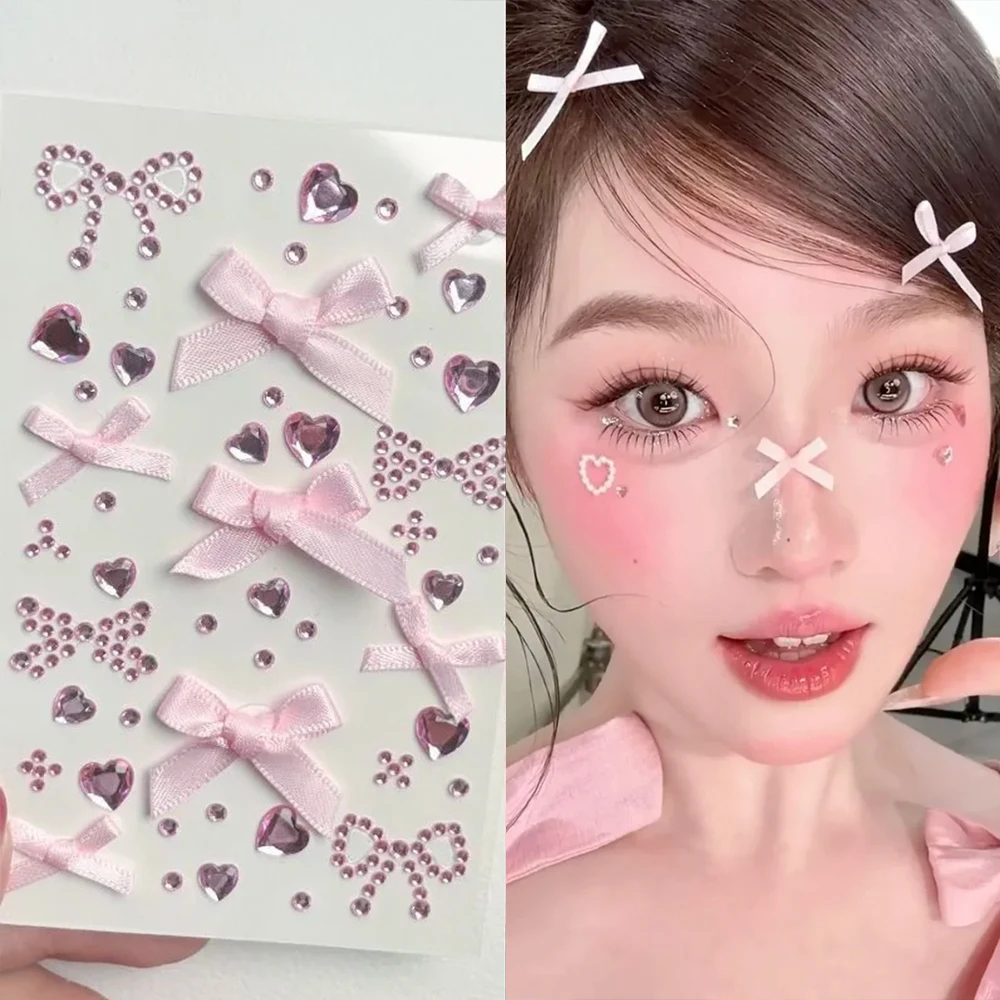 

1PCS Y2k Face Bowknot Love Diamond Gem Sticker Pink Red 3D Stereo Bow Heart Facial Rhinestone Fairy Party Makeup Tattoo Stickers