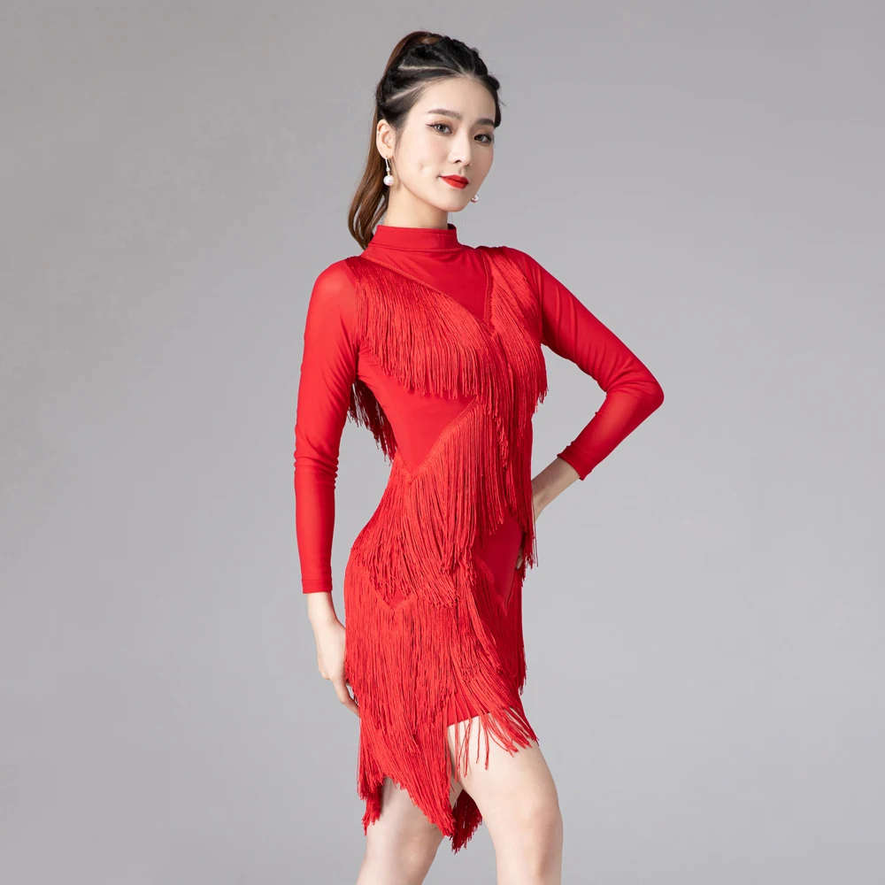 Women Dance Salsa Samba Clothes High Neck Spandex Mesh Long Sleeves Rich Fringes Latin Dresses