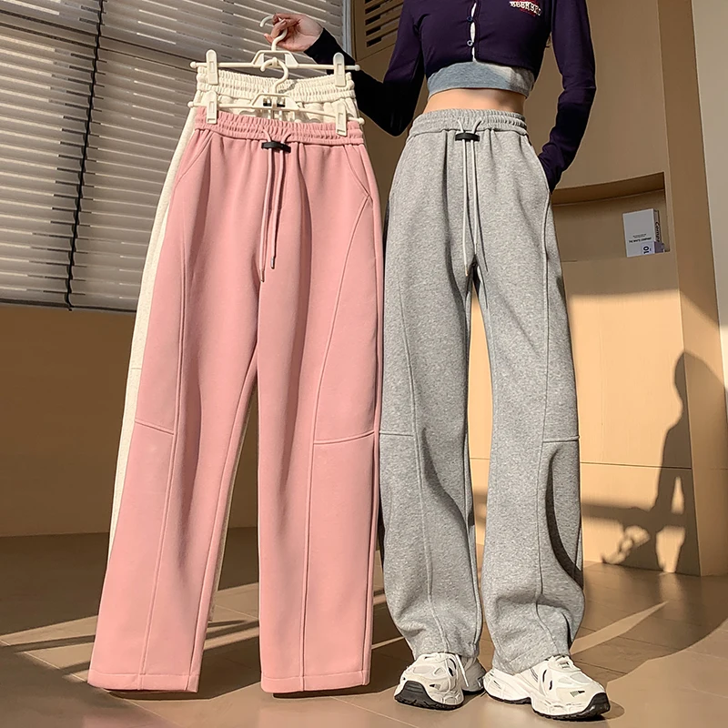 

QOERLIN Trendy Casual Sweatpants Women Elastic Hight Waist Wide Leg Loose Pink Pants Streetwear Trousers Pocket Pants Girls