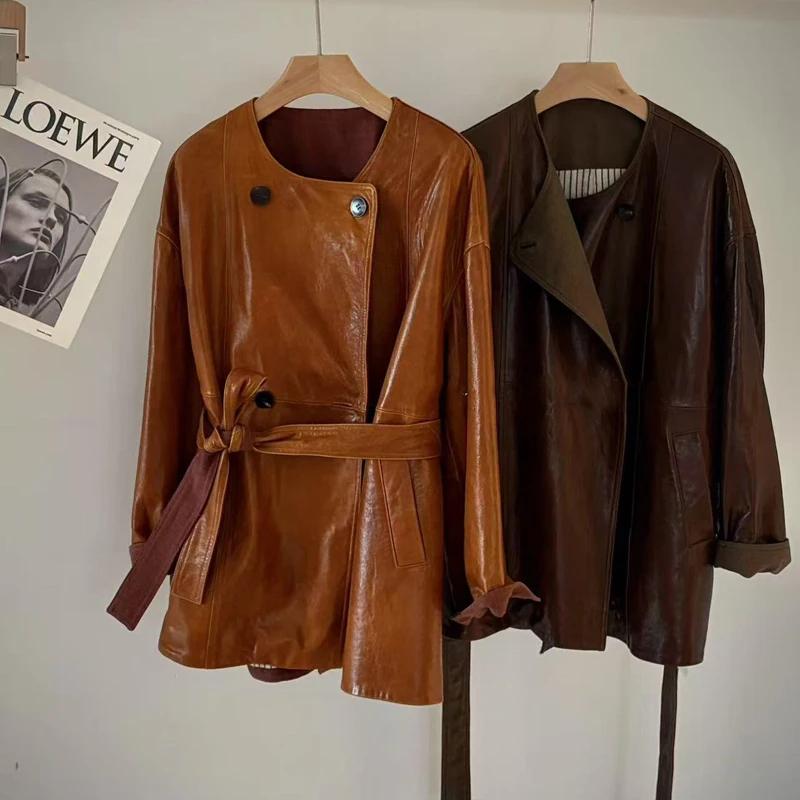 Retro Oil Wax Leather Women's Real Leather Short Trench Coats 2026 Spring Double-breasted Lace-up Belt Sheepskin Trench Jackets