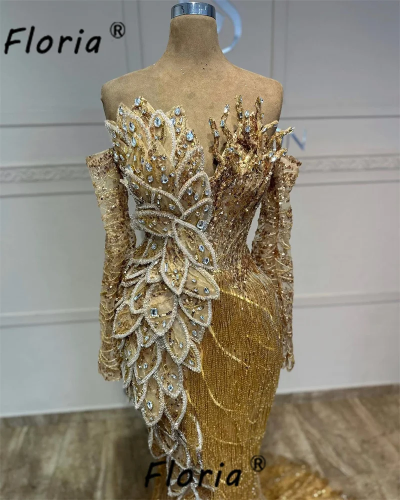 Gorgeous Gold Dubai Mermaid Evening Dresses with Long Tassels Beaded Appliques 3D Luxury Wedding Party Dress Robe de soireee New