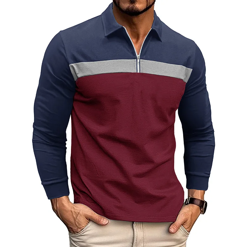 

Spring Autumn Men's Long Sleeve Polo Shirt Fashion Color Contrast Spliced Zippered Henley Shirt Fashion Sports Casual T-shirt